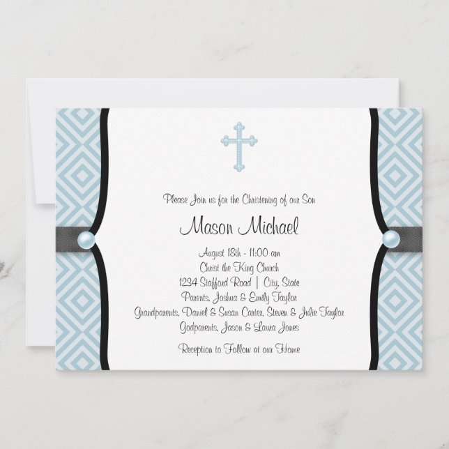 Convite Blue Pearl Cross Black Blue Christening (Frente)