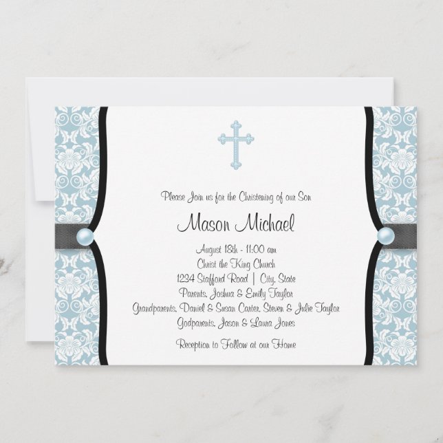 Convite Blue Pearl Cross Blue Black Damask Christening (Frente)