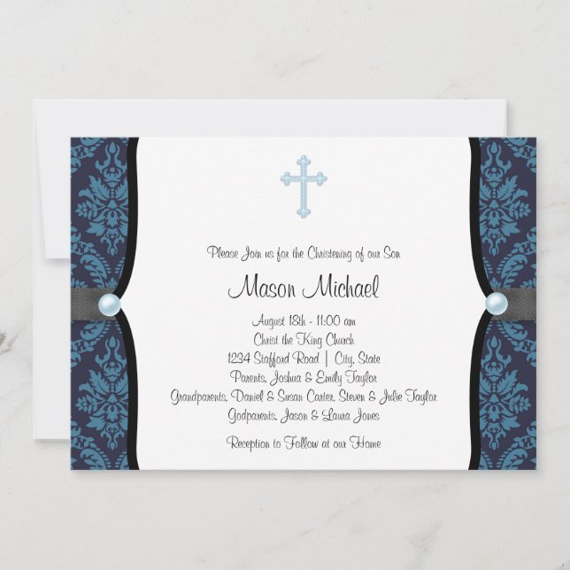 Convite Blue Pearl Cross Blue Black Damask Christening (Frente)