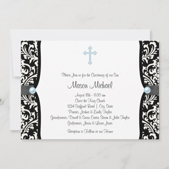 Convite Blue Pearl Cross Blue Black Damask Christening (Frente)
