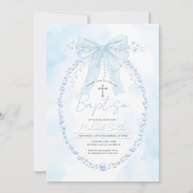 Convite Blue Pearl Frame Baptism Christening Invitation (Frente)