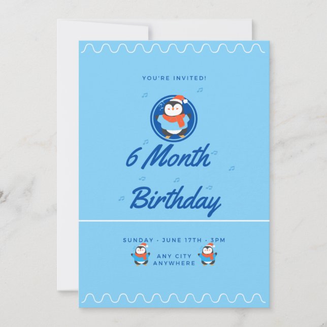 Convite Blue Penguin 6 Month Birthday (Frente)