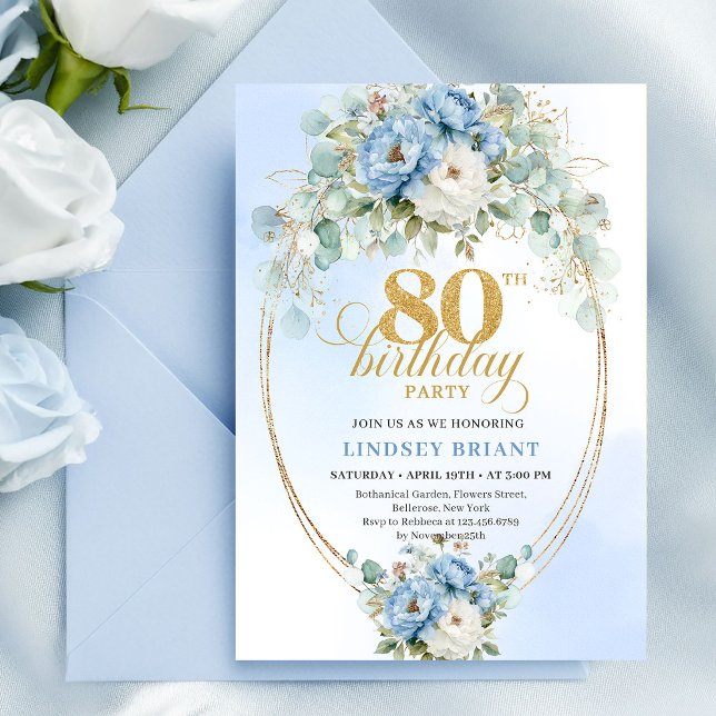 Convite Blue Peonies Eucalyptus Greenery Gold 80th Invite (Blue Peonies Eucalyptus Greenery Gold 80th Invite)