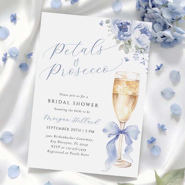 Convite Blue Petals and Prosecco Bridal Shower Invitation (Criador carregado)