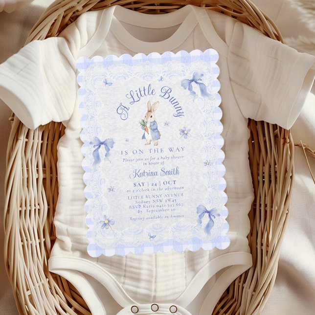 Convite Blue Peter Rabbit Gingham lace Baby Shower (Criador carregado)