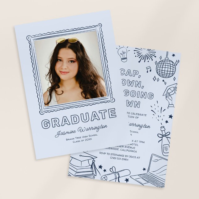 Convite Blue Photo Doodle Graduation Invite Announcement (Criador carregado)