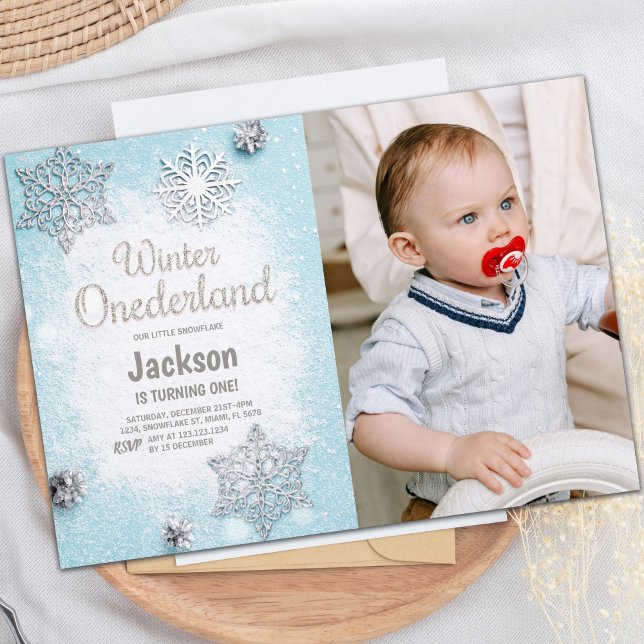 Convite Blue Photo Glitter Winter ONEderland Invtions (Blue Photo Glitter Winter ONEderland Invitations)