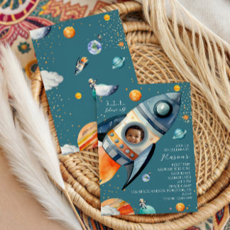 Convite Blue Photo Rocket First Trip Around the Sun Space