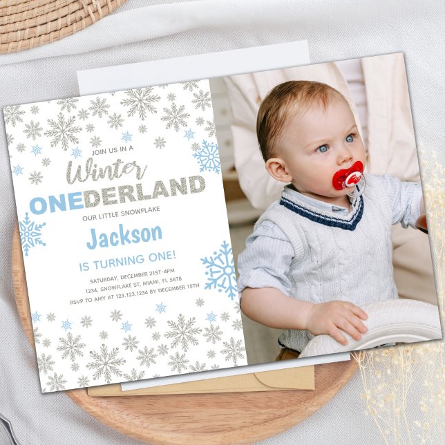Convite Blue Photo SnowFlake Winter Birthday (Blue Photo SnowFlake Winter Birthday Onederland Invitation)