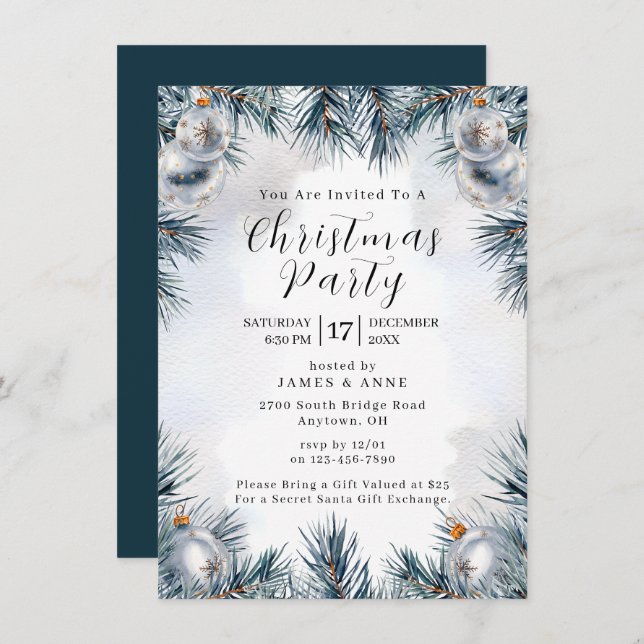Convite Blue Pine Christmas Party Invitation (Frente/Verso)