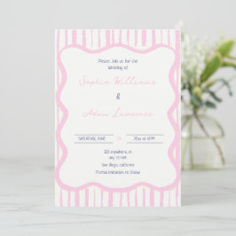 Convite Blue pink Hand Written Pinstripe Whimsical Wedding