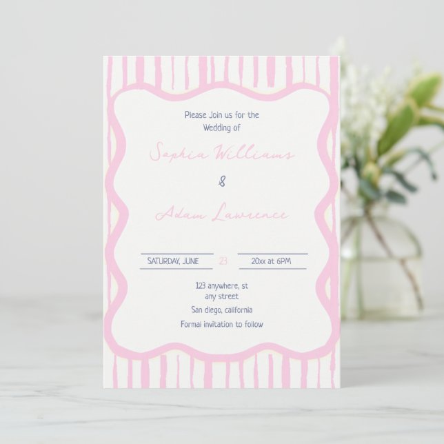 Convite Blue pink Hand Written Pinstripe Whimsical Wedding (Em pé/Frente)