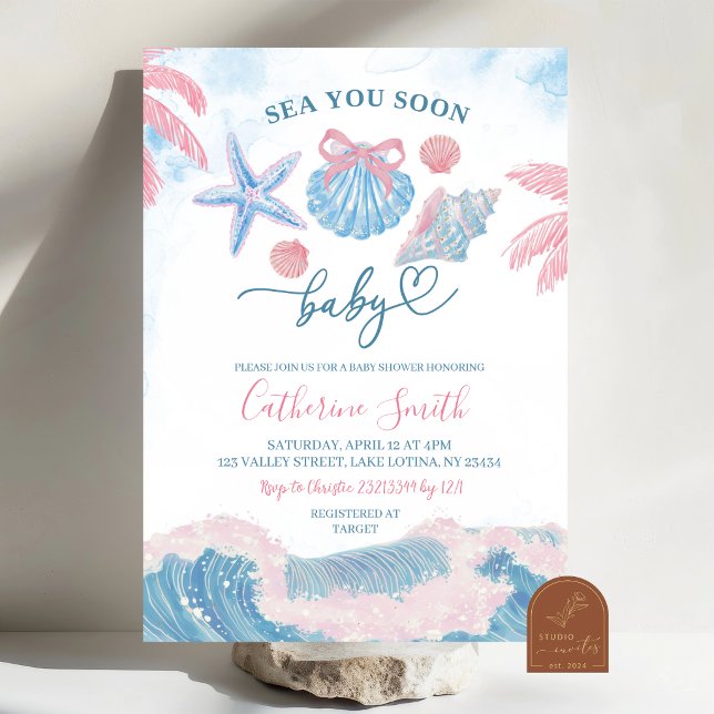 Convite Blue Pink Sea You soon Baby shower Invitation (Criador carregado)