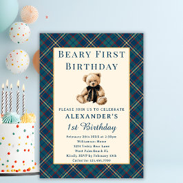 Convite Blue Plaid Vintage Beary First Boy 1st Birthday