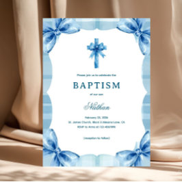 Convite Blue Plaid Watercolor Bows & Cross Boy Baptism