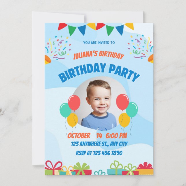 Convite Blue Playful Little Boy Happy Birthday Party  (Frente)
