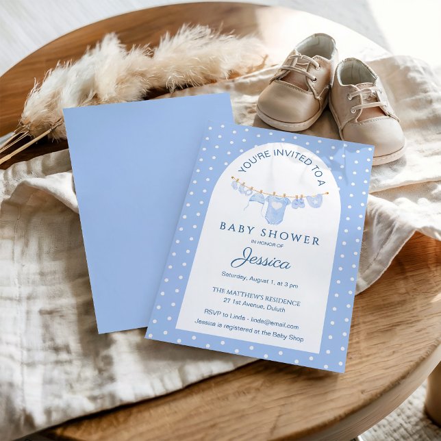 Convite Blue Polka Dots Hanging Clothes Baby Shower (Criador carregado)