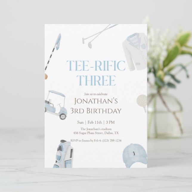 Convite Blue Preppy Tee-Rific Three Golf Birthday (Em pé/Frente)