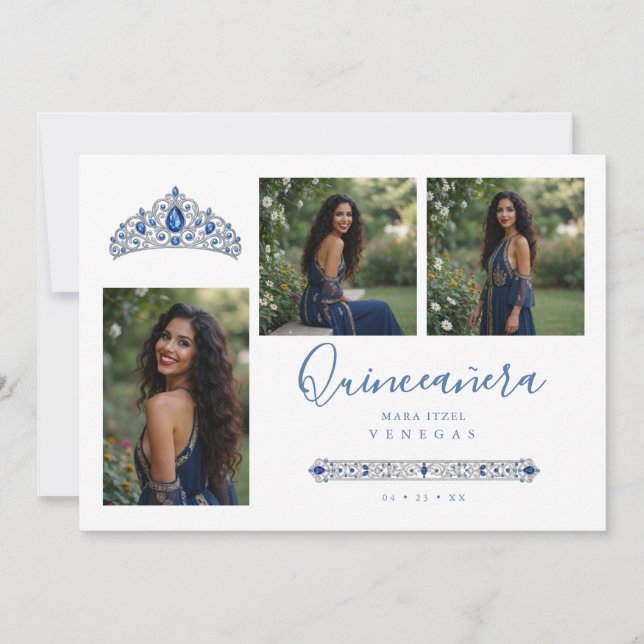 Convite Blue Princess Quinceañera Tiara 3-Photos Spanish (Frente)