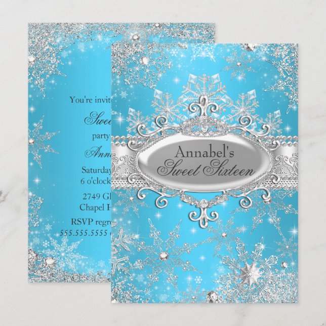 Convite Blue Princess Winter Wonderland Sweet 16 (Frente/Verso)