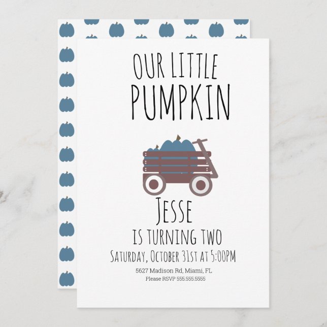 Convite Blue Pumpkin Patch Halloween Pumpkins Wagon (Frente/Verso)