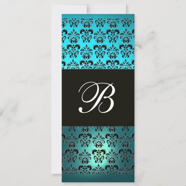 Convite BLUE PURPLE BLACK DAMASK MONOGRAM , Turquase branc (Frente)