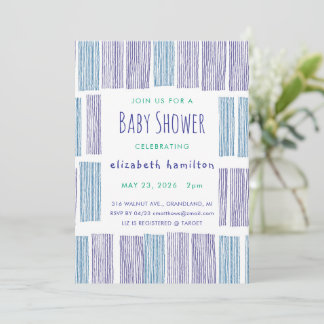 Convite Blue & Purple Drawn Stripes Baby Shower Invitation