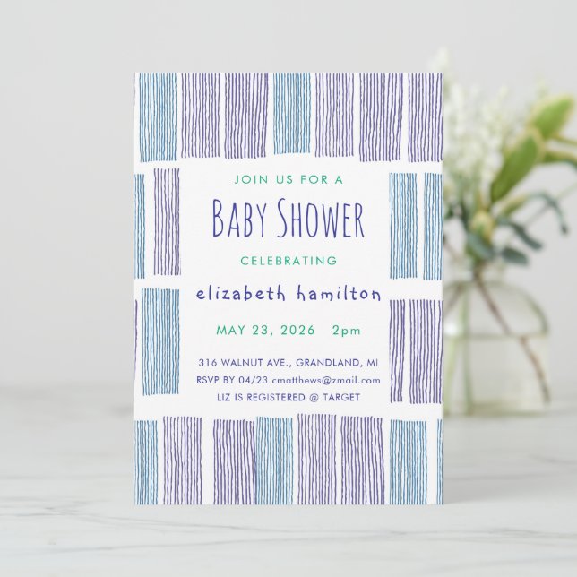 Convite Blue & Purple Drawn Stripes Baby Shower Invitation (Em pé/Frente)