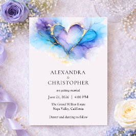 Convite Blue Purple Gold Abstract Heart Wedding Invitation