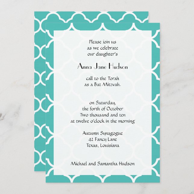 Convite Blue Quatrefoil, Moroccan Trellis, Bat Mitzvah (Frente/Verso)