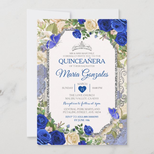 Convite Blue Quinceañera Silver Crown Butterfly 15 Anos (Frente)