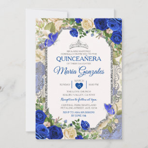 Convite Blue Quinceañera Silver Crown Butterfly 15 Anos