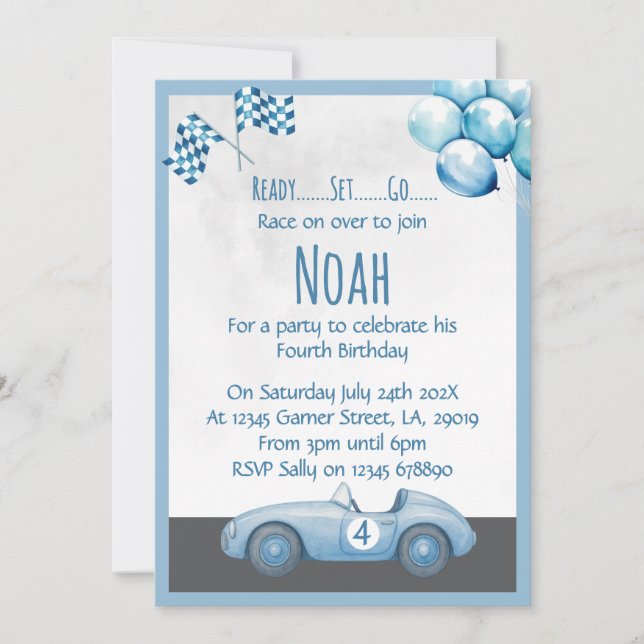 Convite Blue Race Car 4th Birthday Party Invitation (Frente)