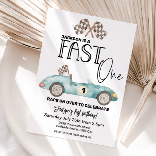 Convite Blue Race car FAST ONE 1st birthday (FAst one birthday invitation, 1st birthday)