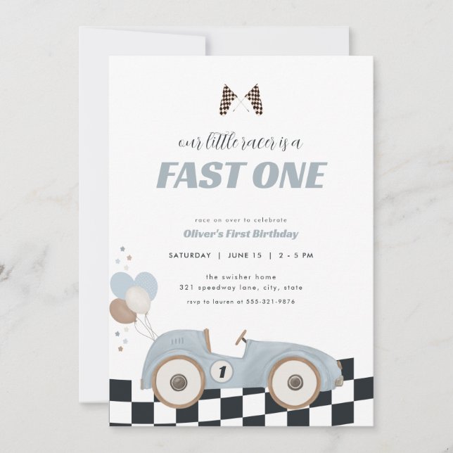 Convite Blue Race Car Fast One First Birthday Invite  (Frente)