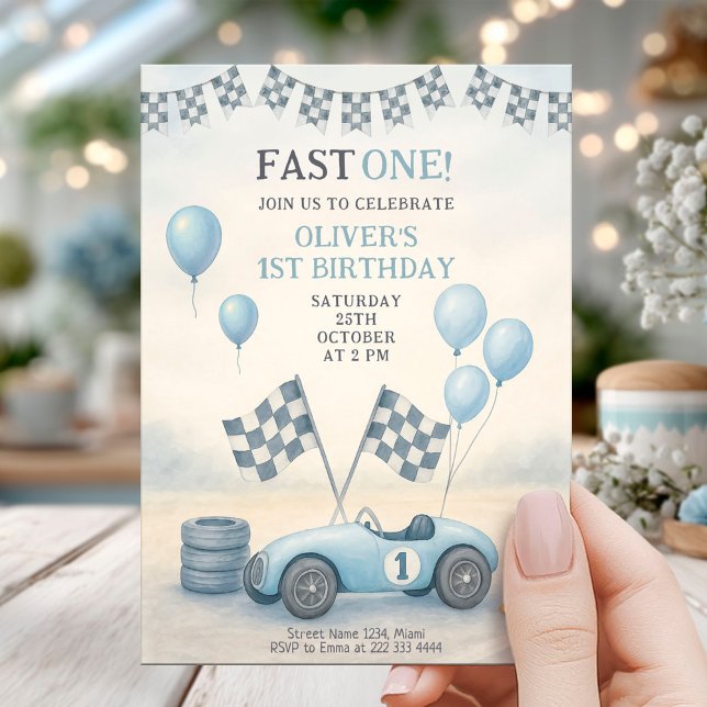 Convite Blue Race Car First Birthday (Criador carregado)