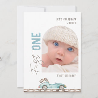 Convite Blue Race Car Photo Birthday Invitation