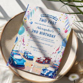 Convite Blue Race Car Two Fast Birthday