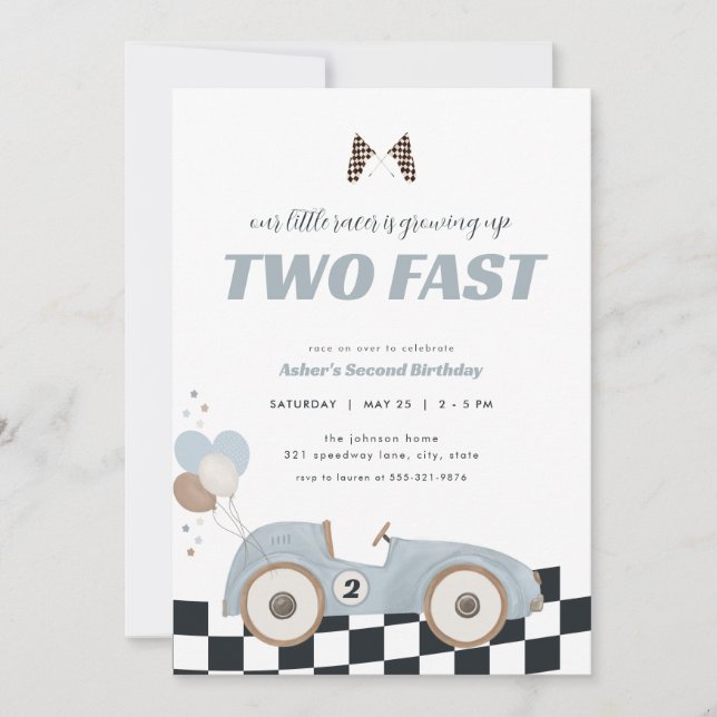 Convite Blue Race Car Two Fast Second Birthday Invite  (Frente)