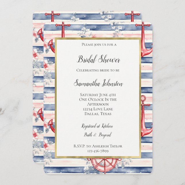 Convite Blue Red Anchors Floral Stripes Bridal Shower (Frente/Verso)