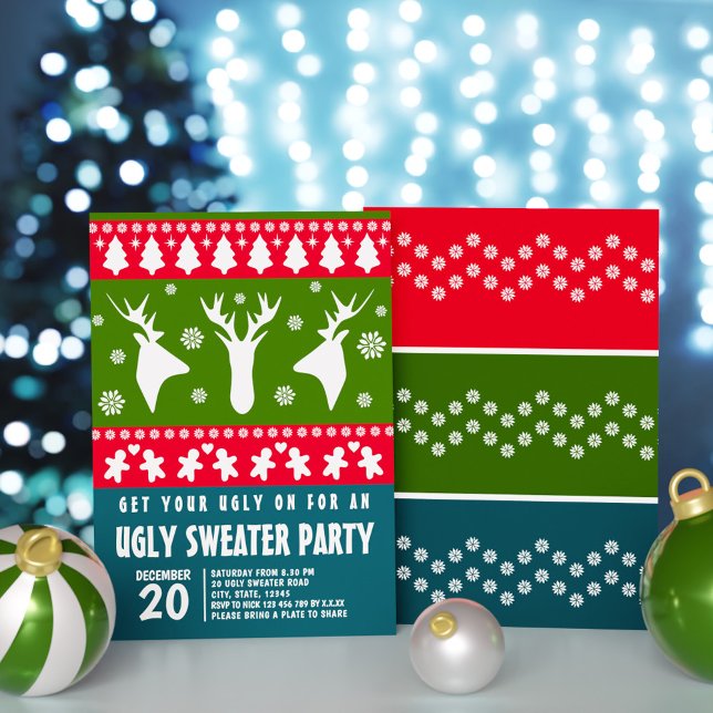 Convite Blue Red and Green Reindeer Ugly Sweater Party (Blue Red and Green Reindeer Ugly Sweater Party Invitation)