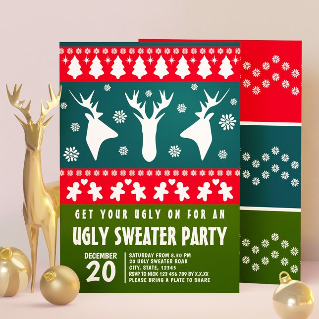 Convite Blue Red and Green Reindeer Ugly Sweater Party (Blue Red and Green Reindeer Ugly Sweater Party Invitation)