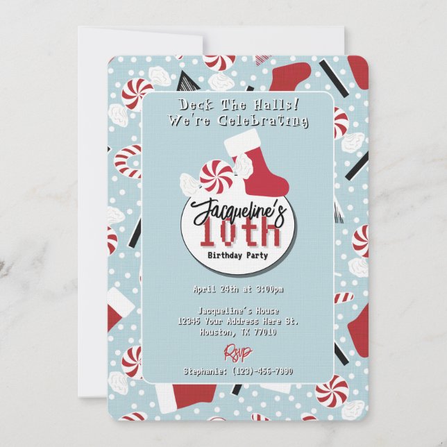 Convite Blue Retro Christmas Peppermint Birthday (Frente)