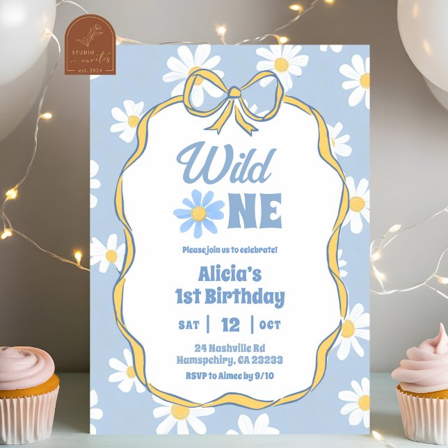 Convite Blue Retro Daisy Coquette 1st Birthday Invitation (Criador carregado)