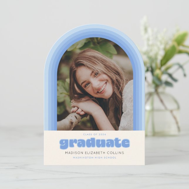 Convite Blue Retro Striped Arch Graduation Announcement (Em pé/Frente)