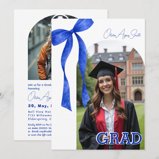 Convite Blue Ribbon Accent Dual‑Photo QR Code (Frente/Verso)