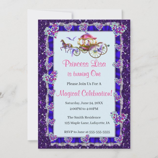 Convite Blue Ribbon Purple Glitter Royal Princess Birday (Frente)