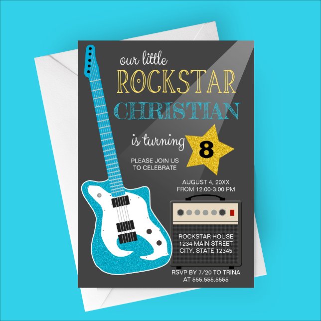 Convite Blue Rockstar Birthday Party (Our Little Rockstar | Blue Guitar Birthday Party Invitation)