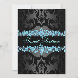 Convite Blue Rosa Sweet16 Damask Birthday Invite