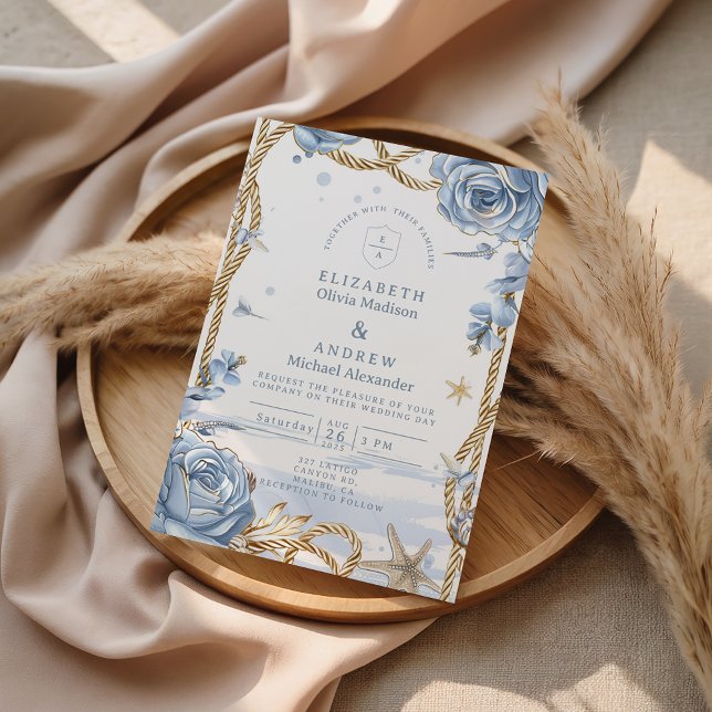 Convite Blue Rose Coastal Rope Wedding (Criador carregado)